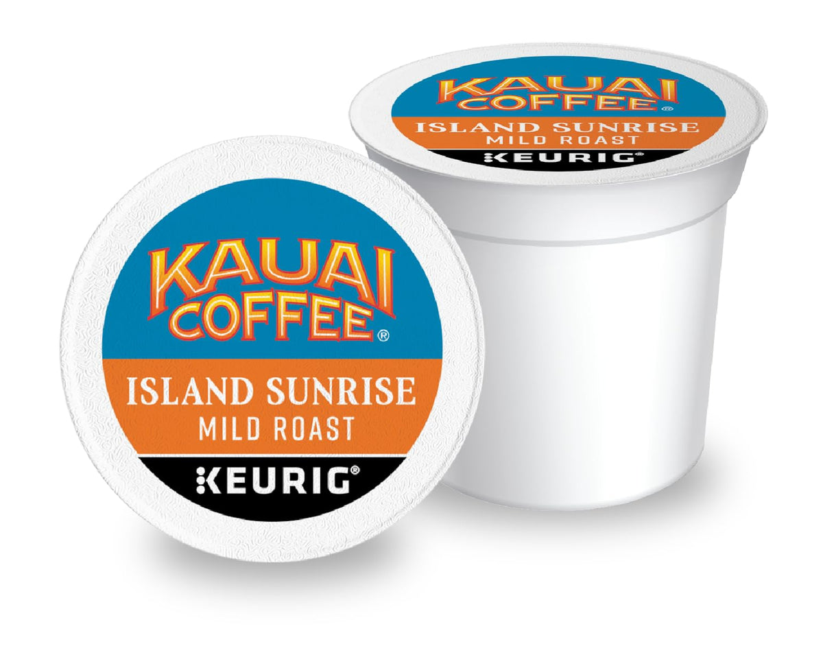 Kauai Coffee 10% Hawaiian Arabica beans, single-serve pods for Keurig brewers.