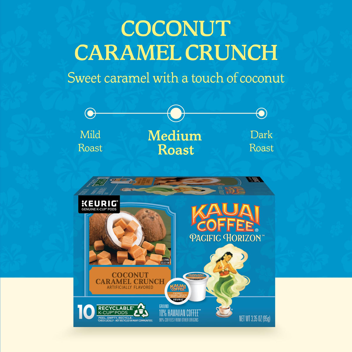 Kauai Coffee with 10% Hawaiian-origin Arabica for a distinct island-inspired cup.