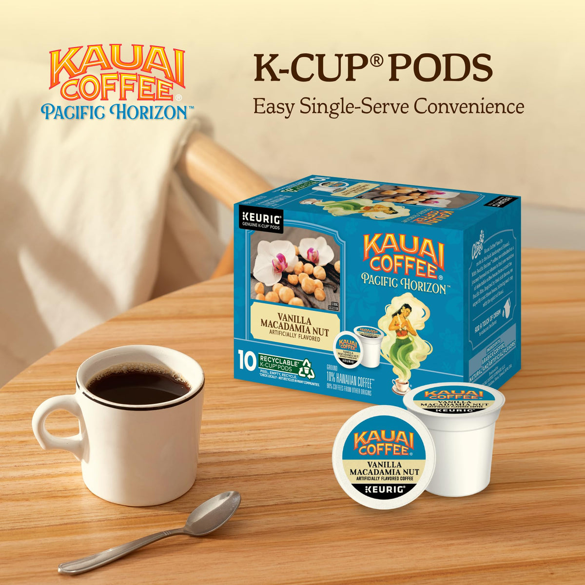 Kauai Coffee Arabica bean close-up highlights premium origins and reliable brew.