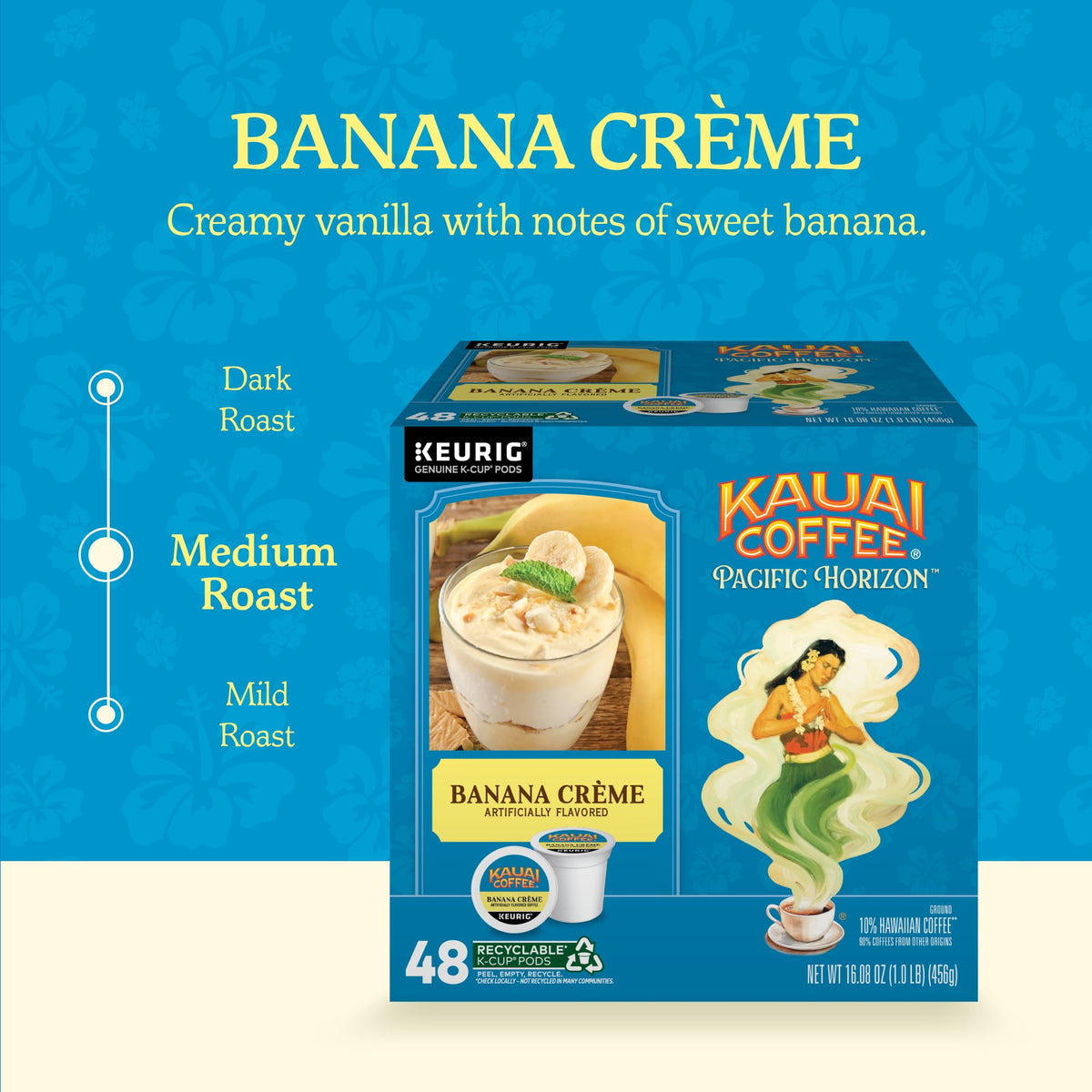 Kauai Coffee Banana Creme packaging highlights recyclable pods and eco-friendly convenience.