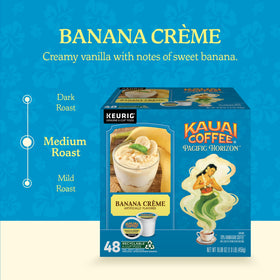 Kauai Coffee Banana Creme packaging highlights recyclable pods and eco-friendly convenience.