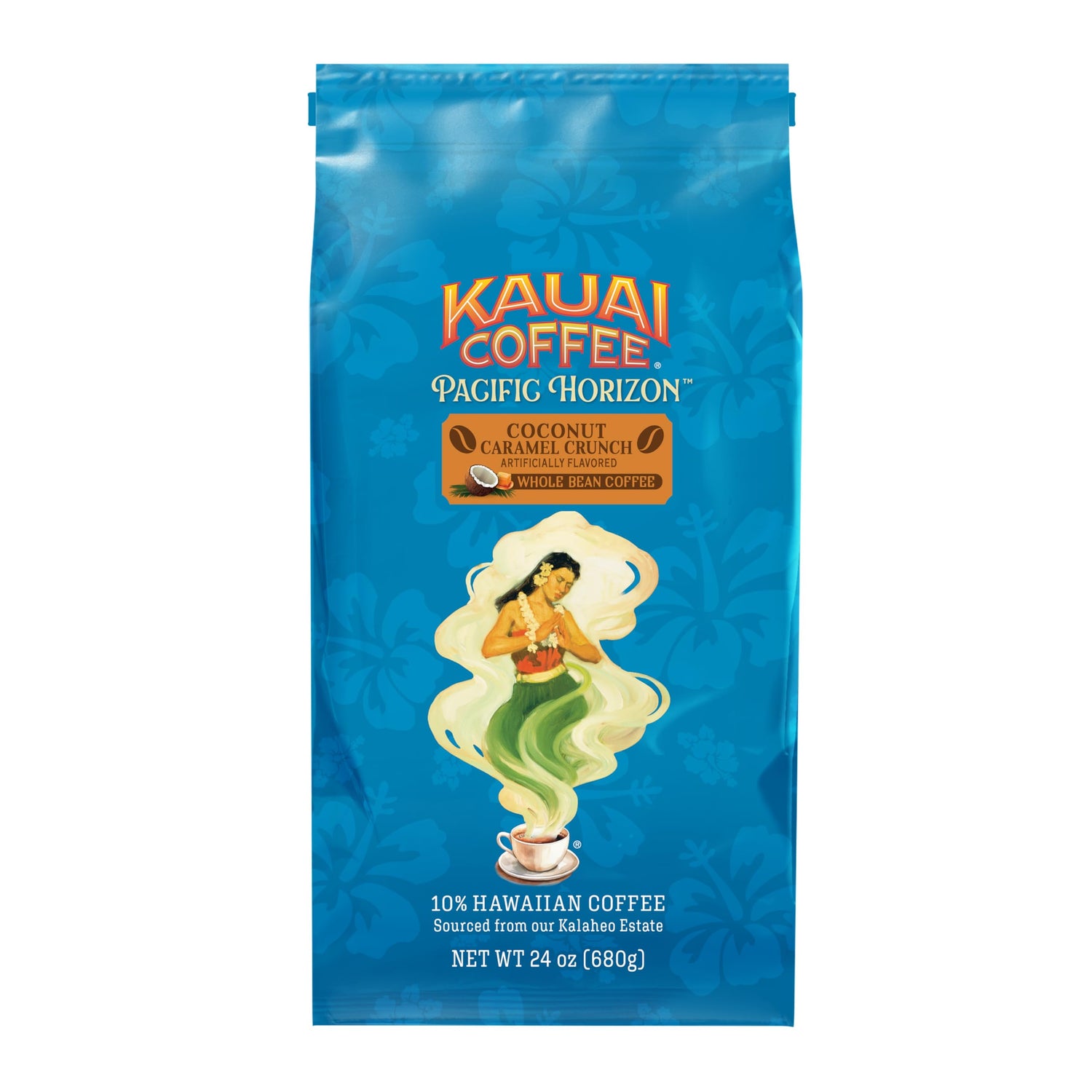 Kauai Coffee Coconut Caramel Crunch whole bean in a 24oz bag for a rich tropical morning.