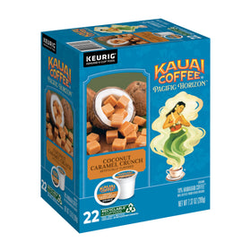 Kauai Coffee Coconut Caramel Crunch K-Cup pods ready for Keurig brewing, smooth medium roast.