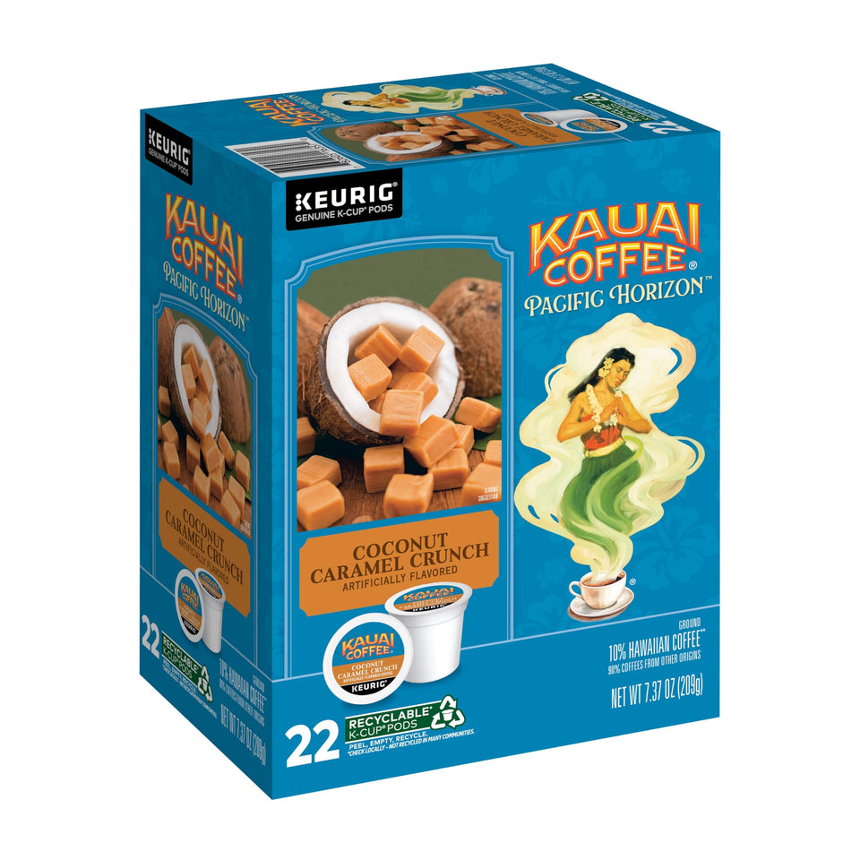 Kauai Coffee Coconut Caramel Crunch K-Cup pods ready for Keurig brewing, smooth medium roast.
