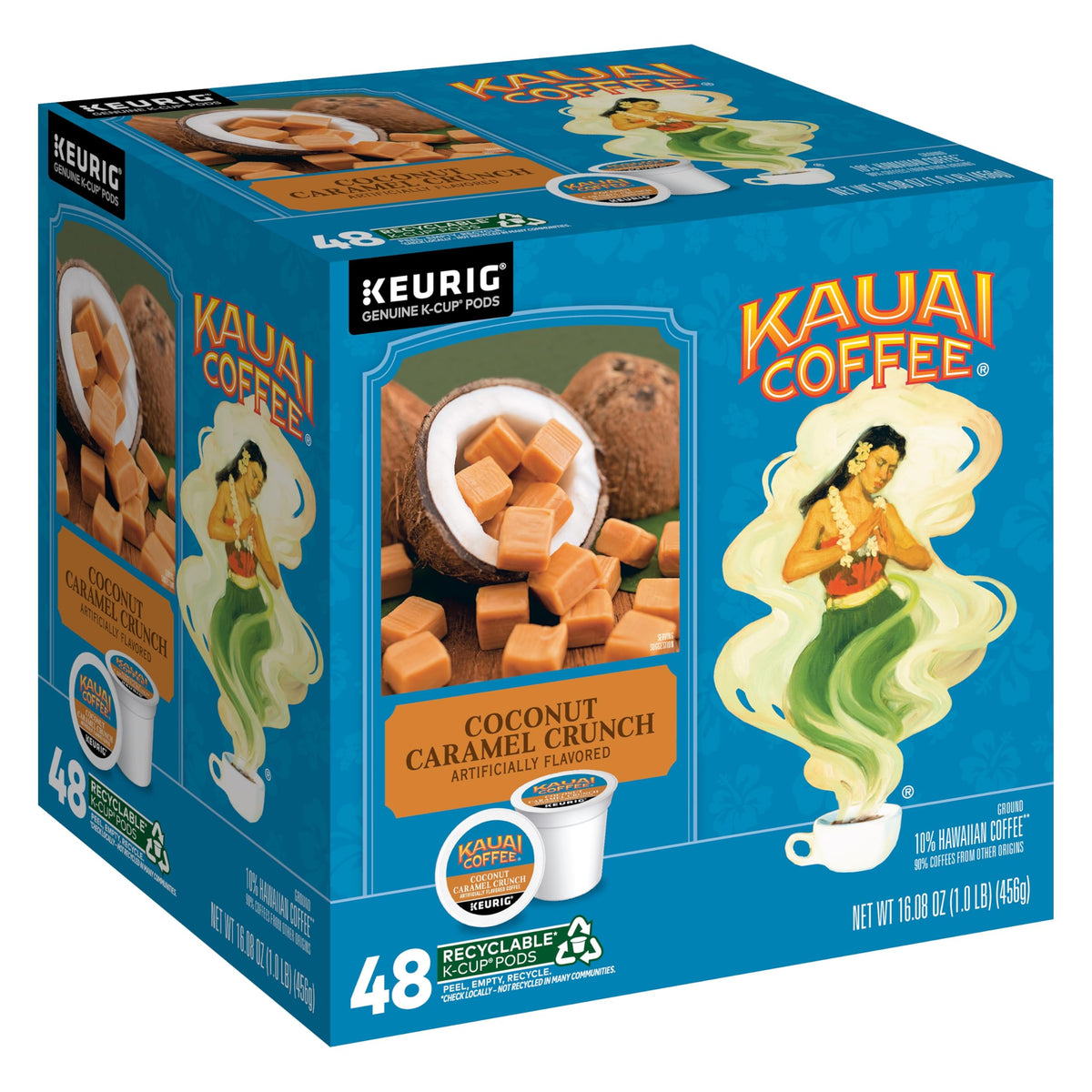 Kauai Coffee Coconut Caramel Crunch K-Cup pods for Keurig brewers with tropical flavor notes.