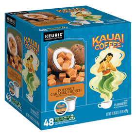 Kauai Coffee Coconut Caramel Crunch K-Cup pods for Keurig brewers with tropical flavor notes.