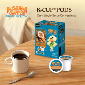 Packaging of Kauai Coffee Coconut Caramel Crunch on a kitchen counter.