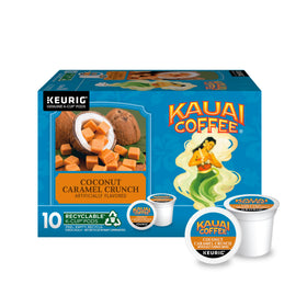 Kauai Coffee Coconut Caramel Crunch pods for Keurig, tropical flavors in a smooth medium roast.