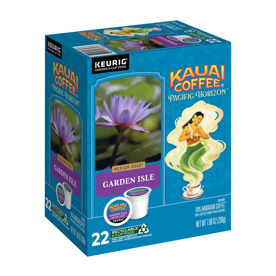 Kauai Coffee Garden Isle K-Cup pods for Keurig, convenient single-serve ritual.
