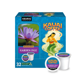 Kauai Coffee Garden Isle K-Cups packaging presents medium roast flavor.