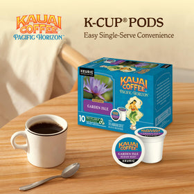 Steaming cup of Kauai Coffee Garden Isle with bright aroma.