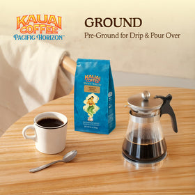Ground Kauai Coffee ready for drip, pour-over, or French press brewing versatility
