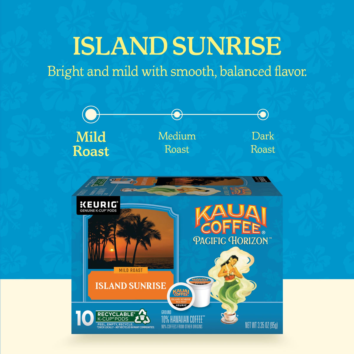 Kauai Coffee Island Sunrise cup with steam offering bright aroma for a fresh start.