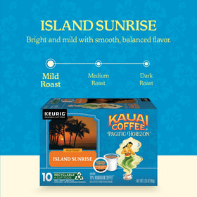 Kauai Coffee Island Sunrise cup with steam offering bright aroma for a fresh start.
