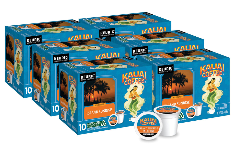 Kauai Coffee Island Sunrise K-Cups box ready for Keurig brewing, convenient mornings.