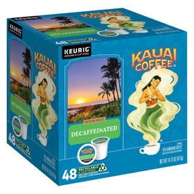 Kauai Coffee K-Cup pods arabica decaf for Keurig brewers with smooth, balanced flavor.