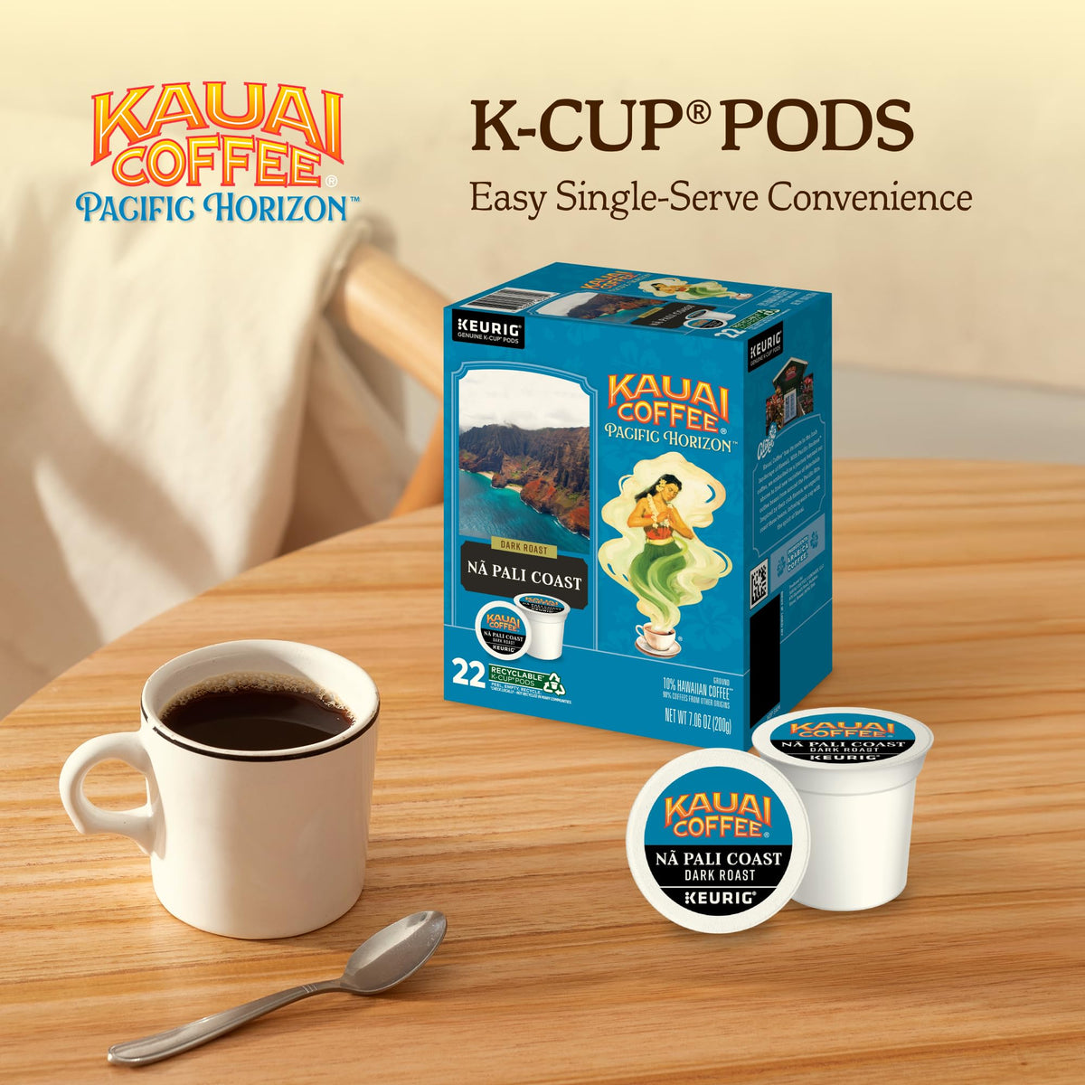 Kauai Coffee Na Pali Coast K-Cups pouring into a cup for a rich, nutty chocolate profile.