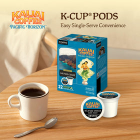 Kauai Coffee Na Pali Coast K-Cups pouring into a cup for a rich, nutty chocolate profile.