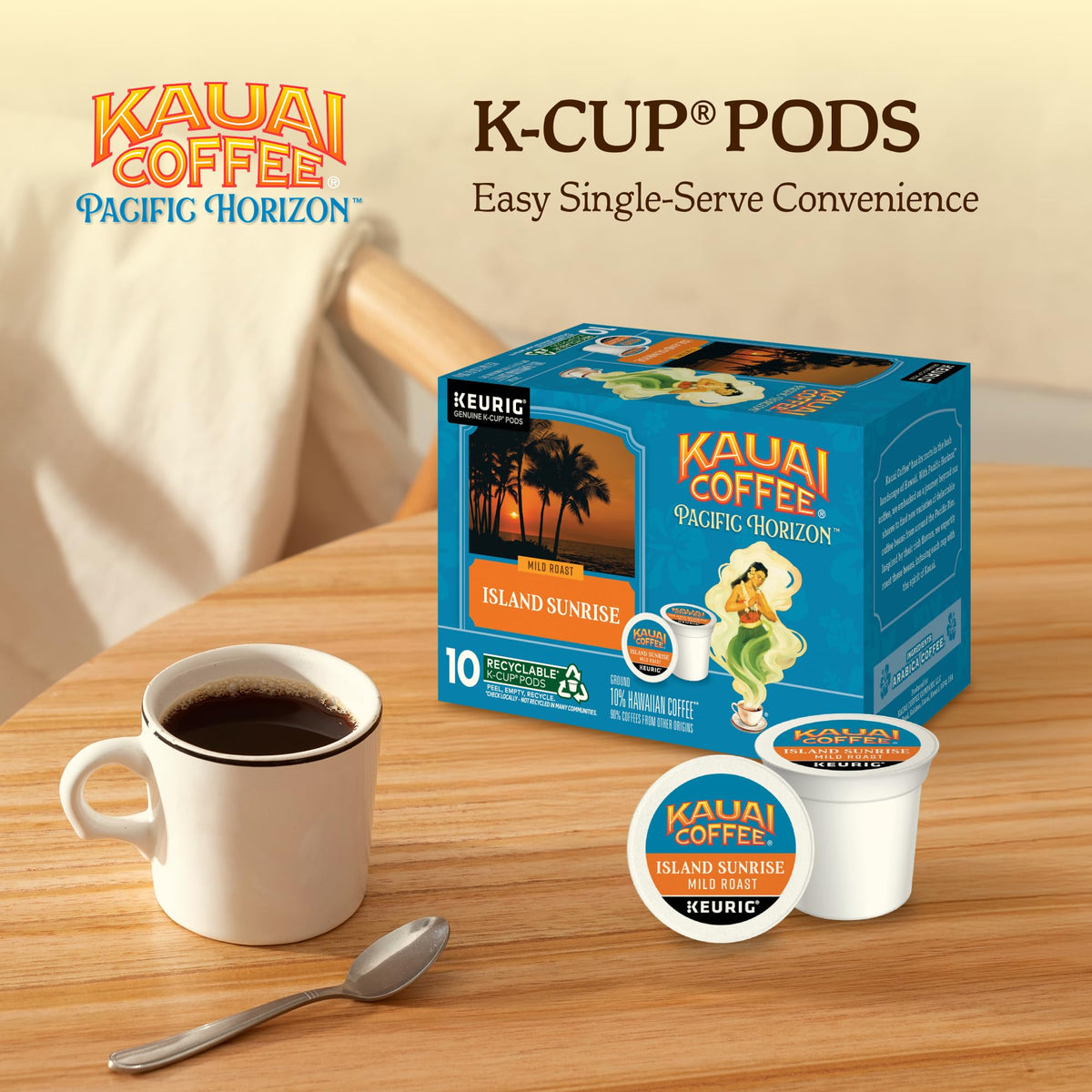 Kauai Coffee Keurig brewer setup with Island Sunrise pods for an easy daily ritual.