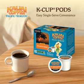Kauai Coffee Keurig brewer setup with Island Sunrise pods for an easy daily ritual.