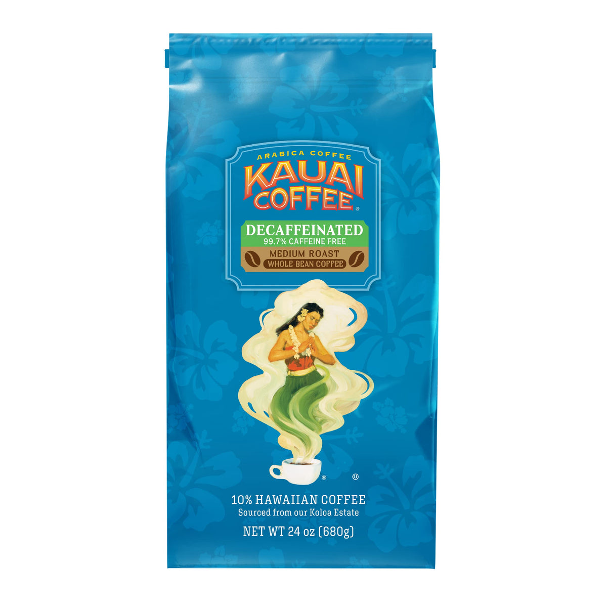 Kauai Coffee Koloa Estate Whole Bean 24oz pack for a fresh grind at home.