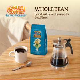 Kauai Coffee Koloa Estate whole beans close-up, premium Arabica ideal for fresh grind.