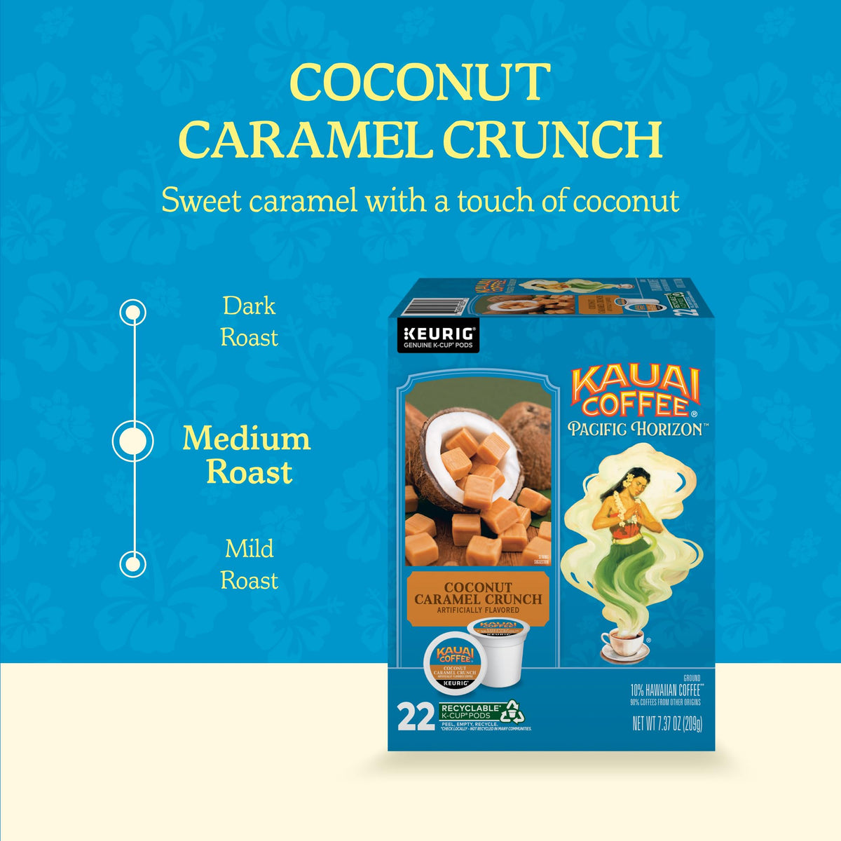 Steaming cup of Kauai Coffee reveals coconut caramel notes and nutty undertones.