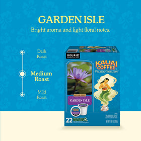 Steaming Kauai Coffee Garden Isle medium roast highlights floral notes.