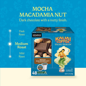 Kauai Coffee Mocha Macadamia Nut beans macro closeup shows premium quality