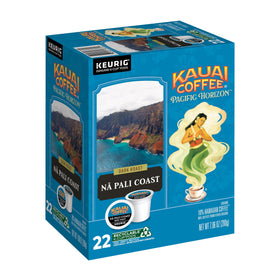 Kauai Coffee Na Pali Coast dark roast K-Cups in front pack, ideal for quick morning single-serve brews.