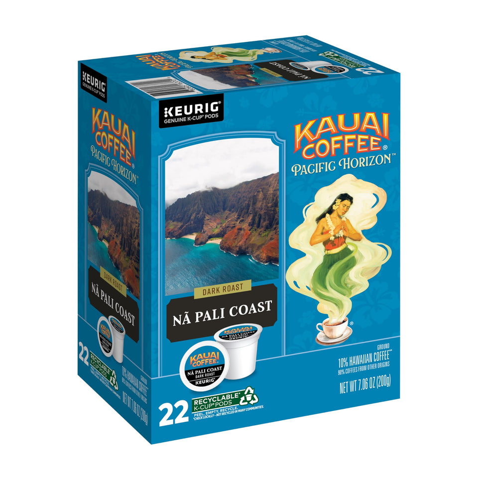 Kauai Coffee Na Pali Coast dark roast K-Cups in front pack, ideal for quick morning single-serve brews.