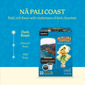 Kauai Coffee Na Pali Coast dark roast K-Cups, side-pack view, ready for Keurig convenience and daily rituals.