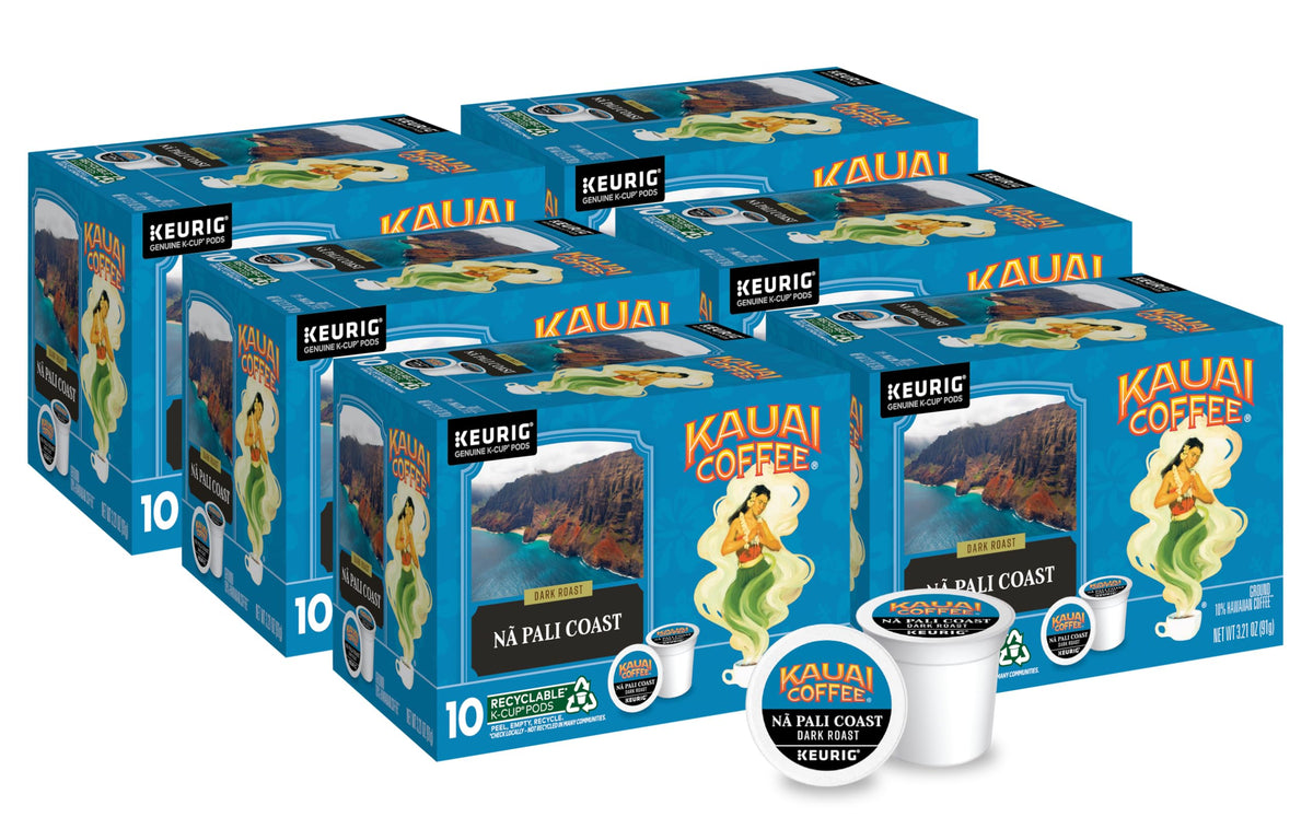 Kauai Coffee Na Pali Coast K-Cup pod close-up highlighting bold aroma and smooth flavor.