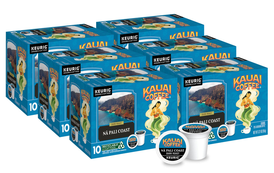 Kauai Coffee Na Pali Coast K-Cup pod close-up highlighting bold aroma and smooth flavor.