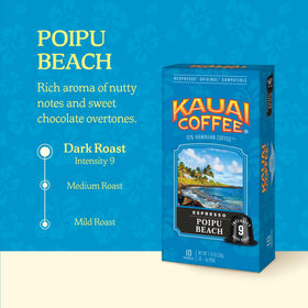 Kauai Coffee packaging featuring Hawaii map and brand