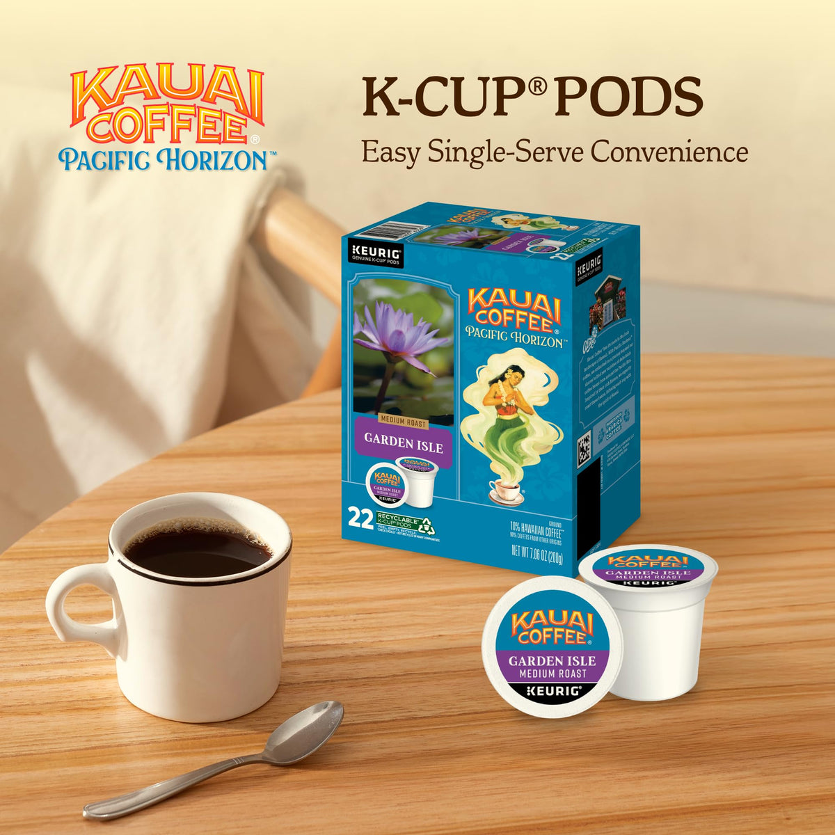 Kauai Coffee recyclable pods for Keurig, supporting eco-conscious mornings.
