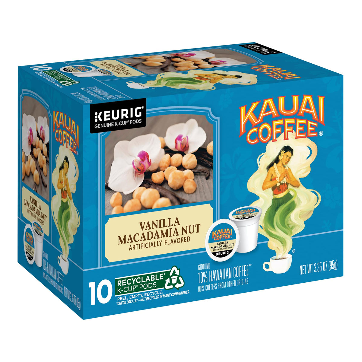 Kauai Coffee Six-Flavor Pack, recyclable pods for easy Keurig brewing.