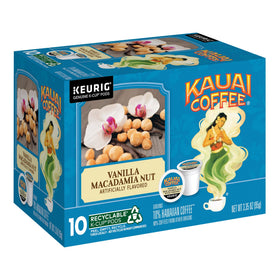 Kauai Coffee Six-Flavor Pack, recyclable pods for easy Keurig brewing.