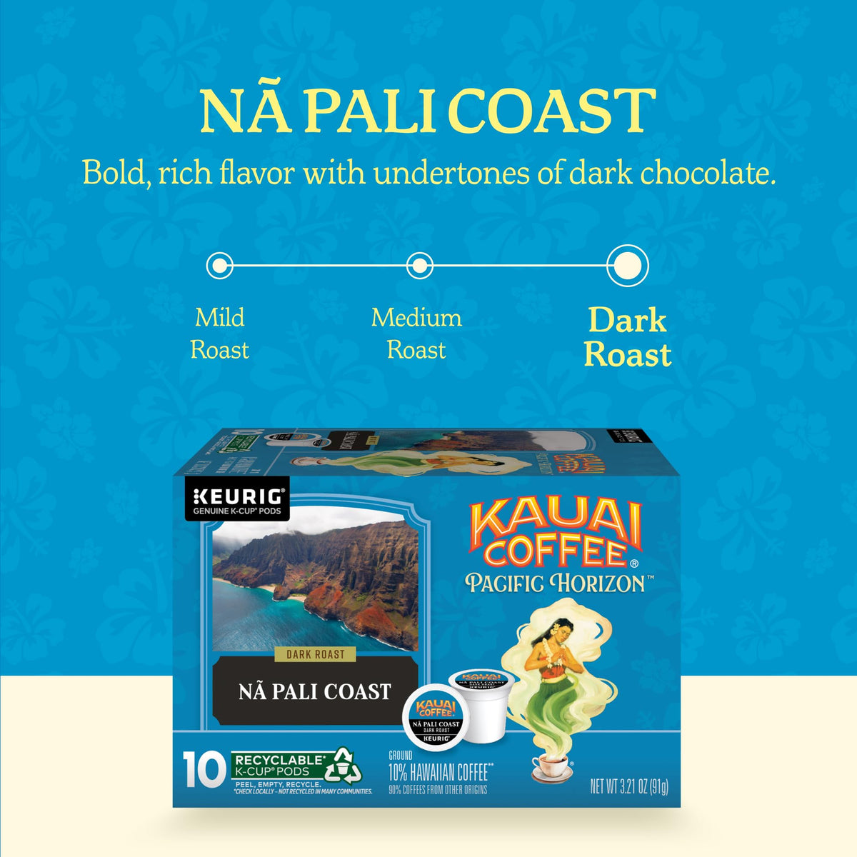 Kauai Coffee Na Pali Coast steam rises from cup for a tropical aroma.