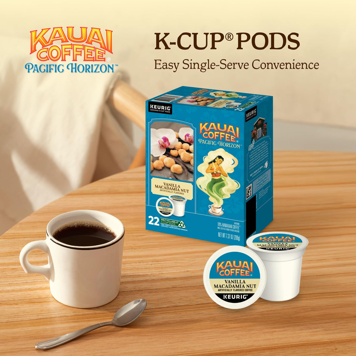 Kauai Coffee Vanilla Macadamia Nut K-Cup brew, inviting aroma and balanced flavor.
