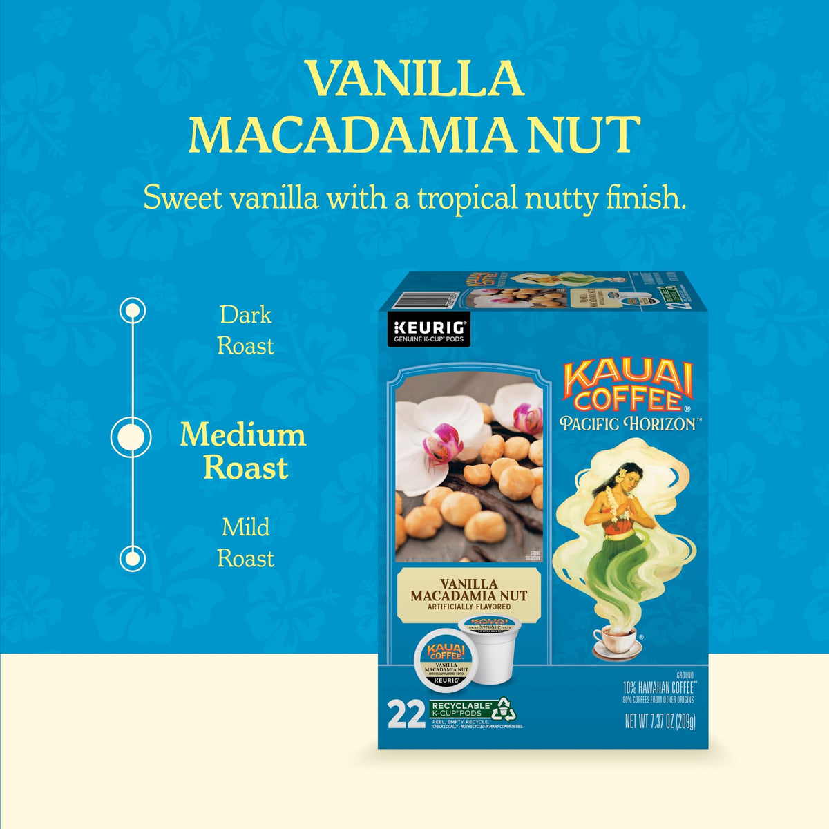 Kauai Coffee Vanilla Macadamia Nut K-Cup pack front, convenient single-serve for busy mornings.