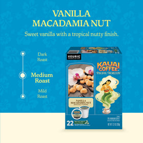 Kauai Coffee Vanilla Macadamia Nut K-Cup pack front, convenient single-serve for busy mornings.