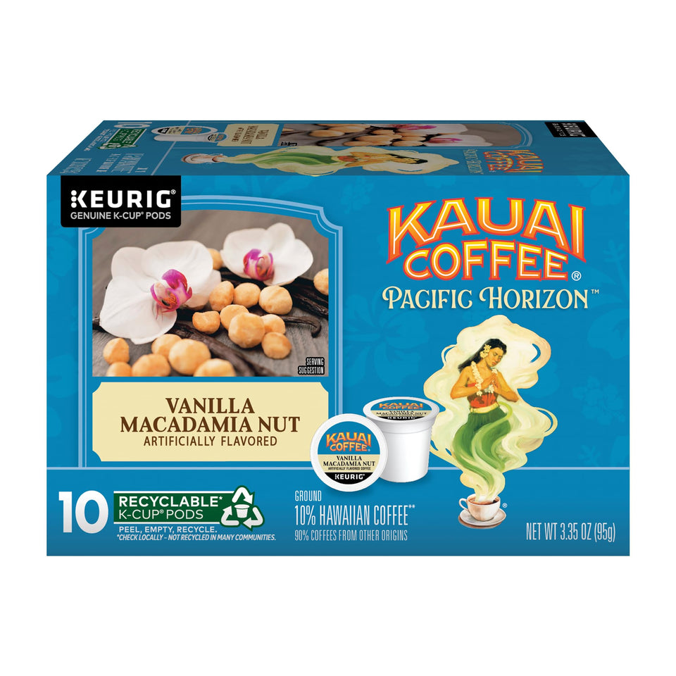 Kauai Coffee Vanilla Macadamia Nut K-Cup shows vanilla and macadamia aroma for a comforting morning ritual.