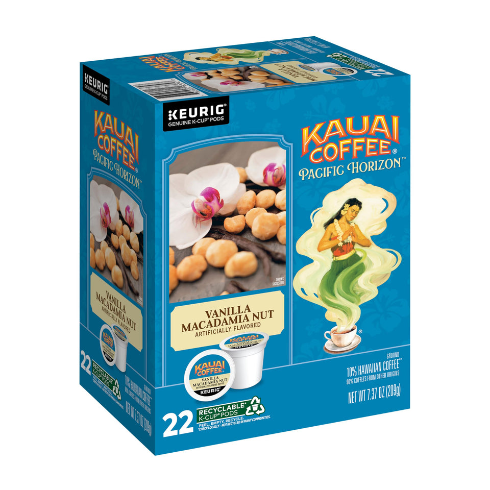 Kauai Coffee Vanilla Macadamia Nut medium roast K-Cup for Keurig, smooth, nutty notes.