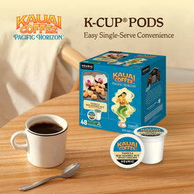 Packaging image showing Kauai Coffee Vanilla Macadamia Nut Medium Roast.