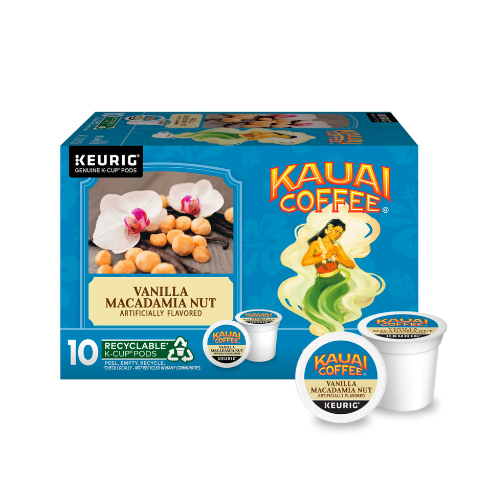 Kauai Coffee Vanilla Macadamia Nut pods pack for Keurig brewing, convenient single-serve format