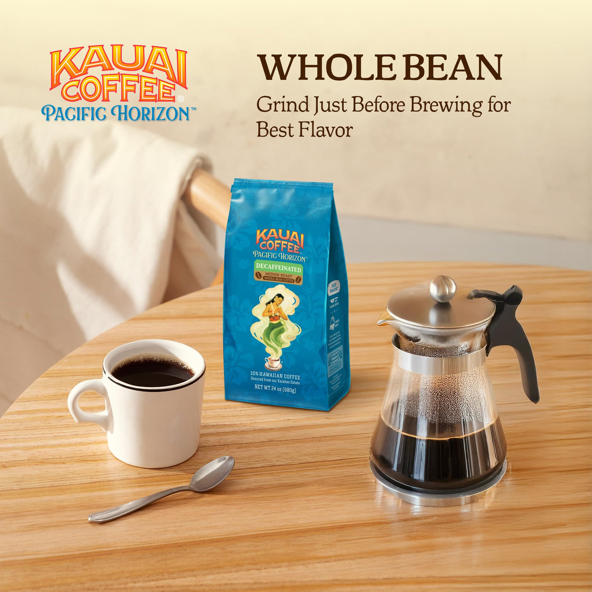 Kauai Coffee Whole Beans ground-ready for espresso or pour-over.