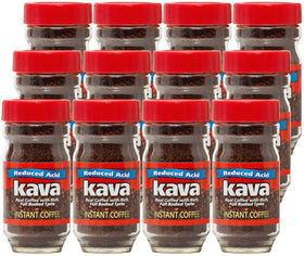Kava acid-neutralized instant coffee jar front view for quick mornings with smoother taste.