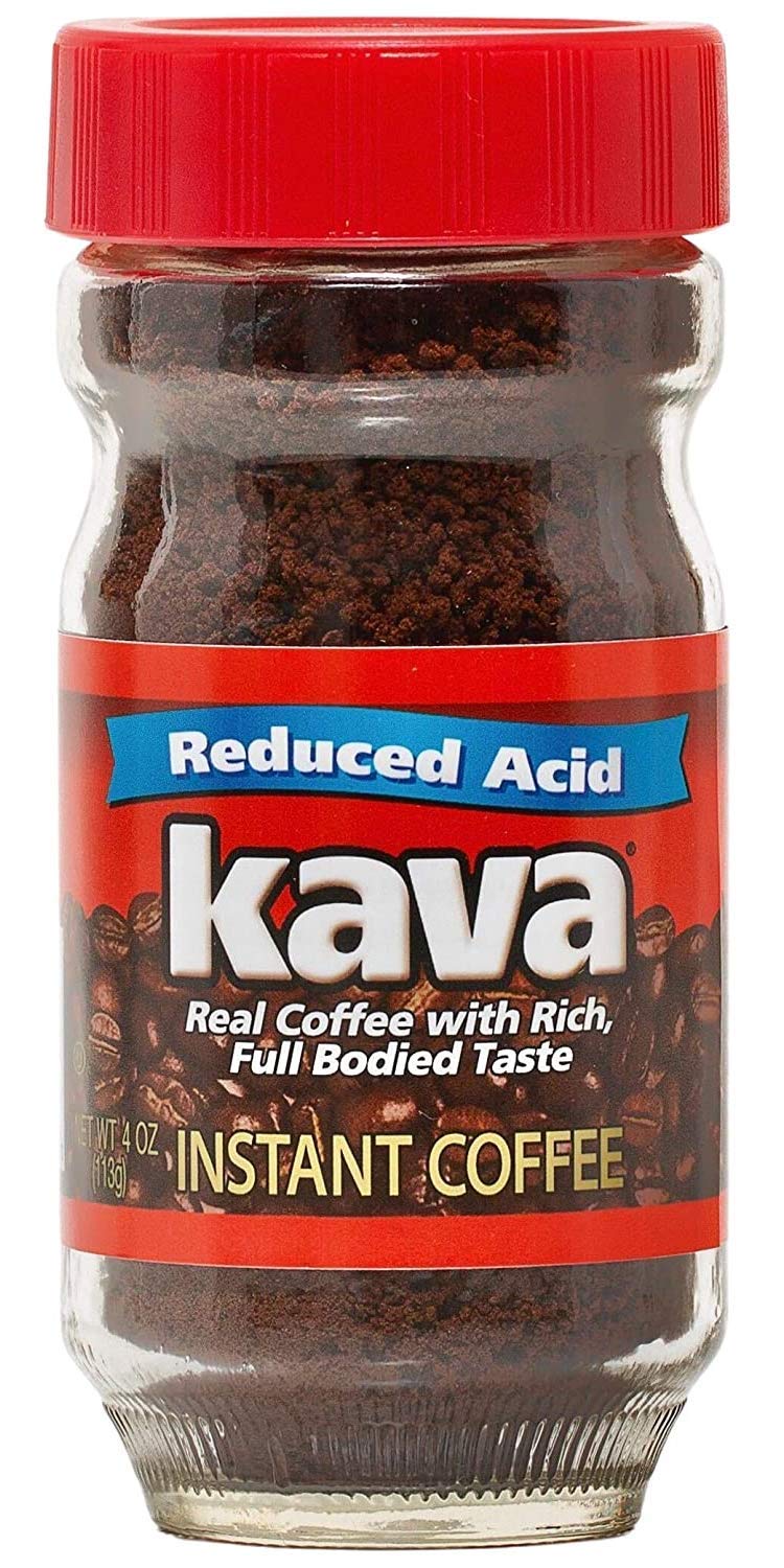 Kava acid-reduced instant coffee in a glass jar ready for brewing