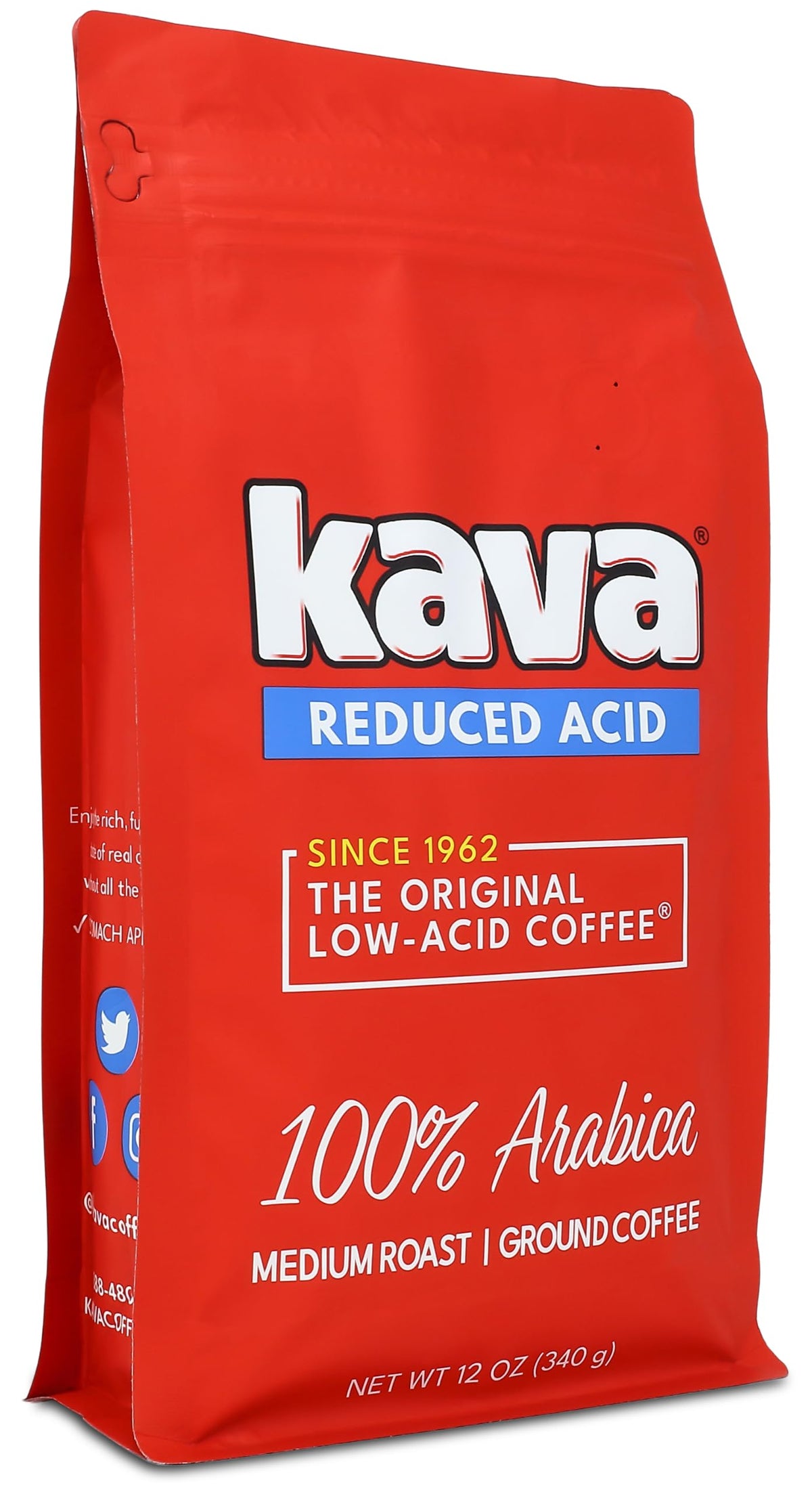 Kava low acid ground coffee in a resealable bag for lasting freshness.